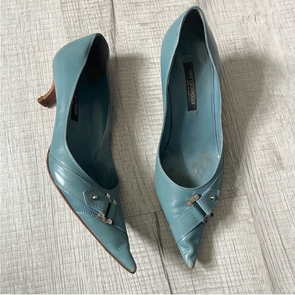 SERGIO ROSSI Pointy Toe Kitten Heels Buckle Blue Size 35.5 - Picture 1 of 12